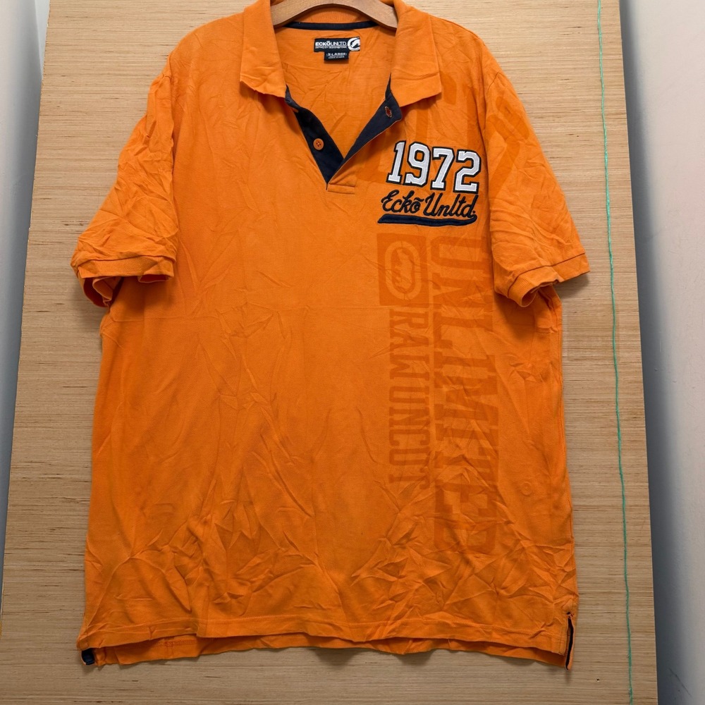 Ecko Unltd Mens XL Orange Short Sleeve Graphic Polo Shirt 1972 Raw Uncut Cotton